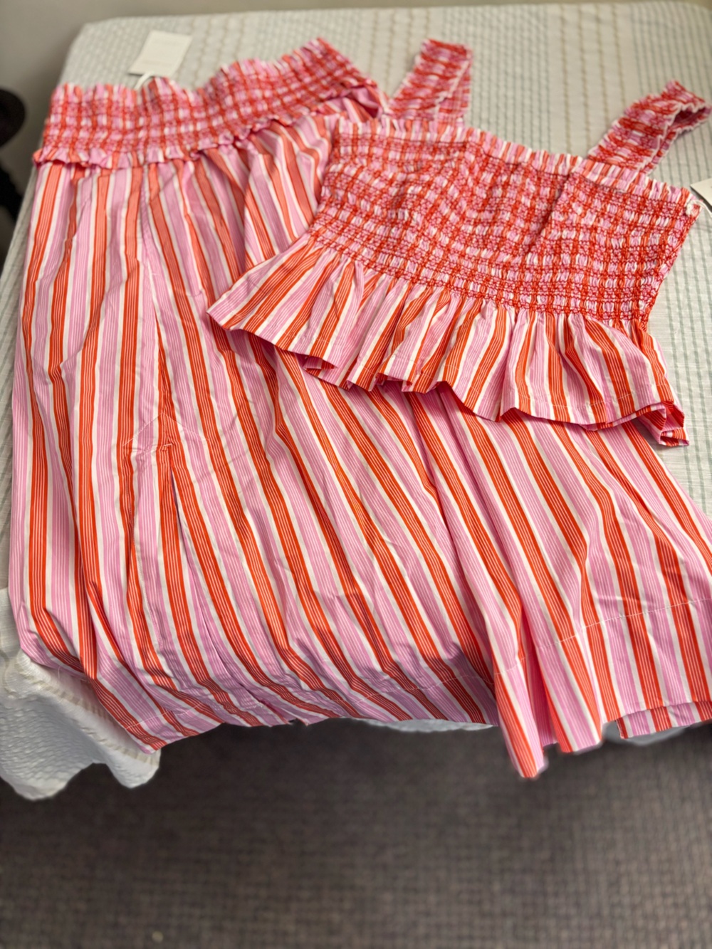 Smocked Ruffle Tank Top in Pink and Orange Stripe
